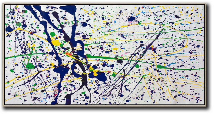 Canvas Painting Wall Decor,Horizontal Palette Knife Contemporary Art,Modern Wall Art White,Dark Blue,Yellow,Green